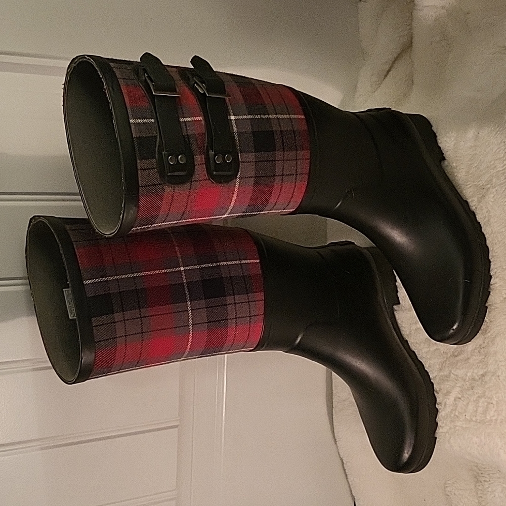 UGG Australia SABENE Black Tall Rain Boots Plaid Upper